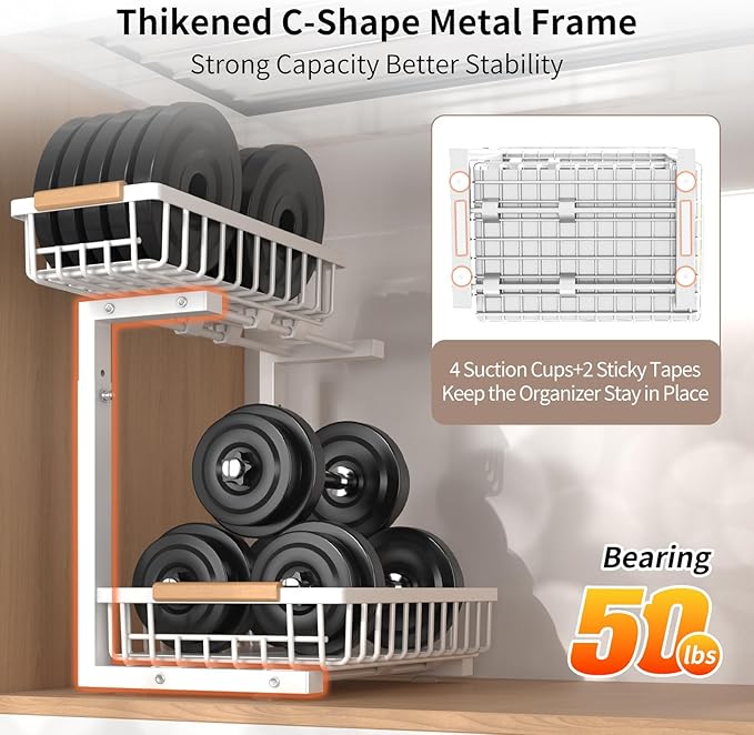 Under Sink Organizer, Under Sink Organizers and Storage, 2-Tier Pull Out Under Cabinet Organizer Storage Shelf, Metal Frame, Height Adjustable Rack for Bathroom Kitchen Pantry