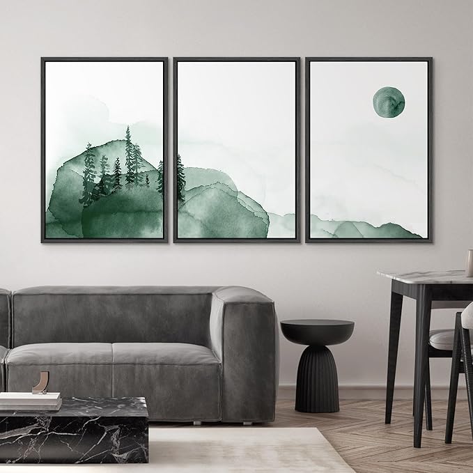 SIGNWIN 3 Piece Framed Canvas Wall Art Green Watercolor Landscape with Moon Nature Wilderness Illustrations Abstract Traditional Home for Living Room,Bedroom - 16"x24"x3 Black