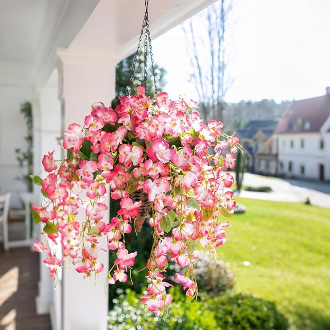 Ivydale Artificial Faux Hanging Flowers Plant Baskets for Outdoors Decoration, Fake Hibiscus UV Resistance Realistic Silk Flower for Outside Home Patio Porch Balcony Garden Wedding (H-Pink, Hibiscus)