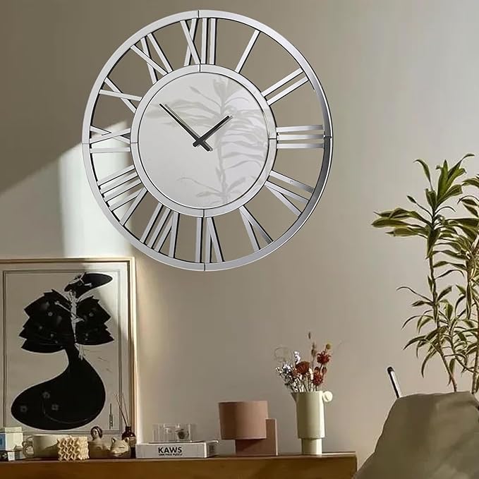 24" Large Wall Clock Decorative, Acrylic Mirrored Clock for Living Room Decor, Battery Operated Big Silver Modern Wall Clocks
