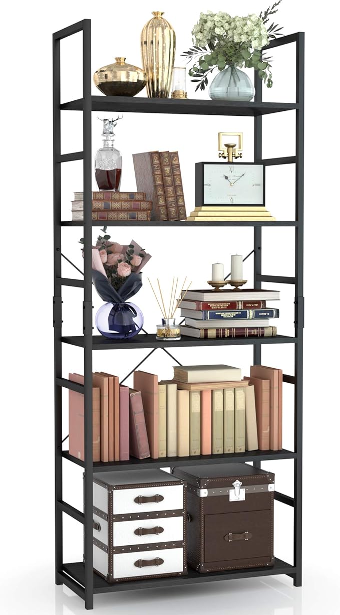 NUMENN 5 Tier Bookshelf, Tall Bookcase Shelf Storage Organizer, Modern Book Shelf for Bedroom, Living Room and Home Office, Black
