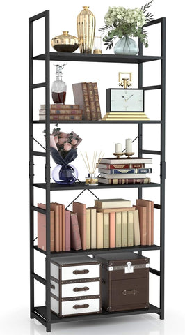 NUMENN 5 Tier Bookshelf, Tall Bookcase Shelf Storage Organizer, Modern Book Shelf for Bedroom, Living Room and Home Office, Black