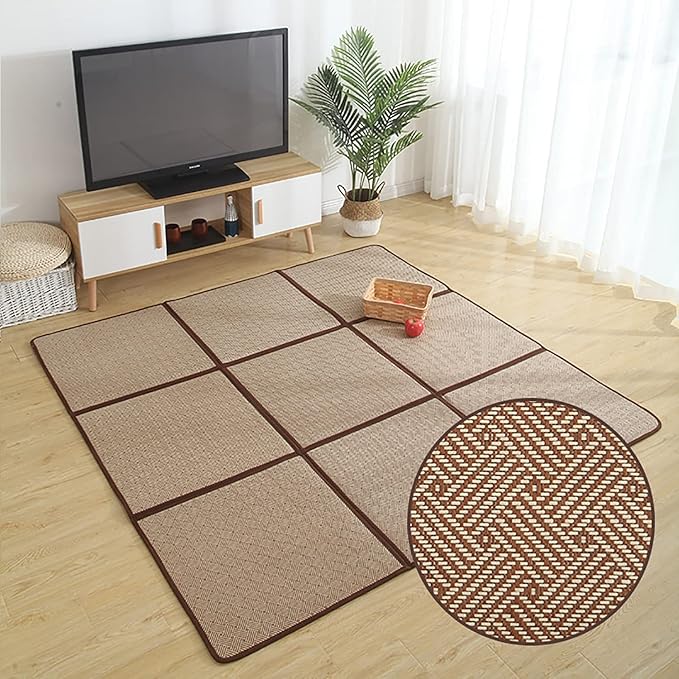 MYOYAY Large Japanese Tatami Mat 71x 71in Large Summer Breathable Sleeping Mat Foldable Rattan Floor Mat Non-Slip Memory Foam Stitching Carpet Crawling Mats Living Room Bedroom Playroom Yoga