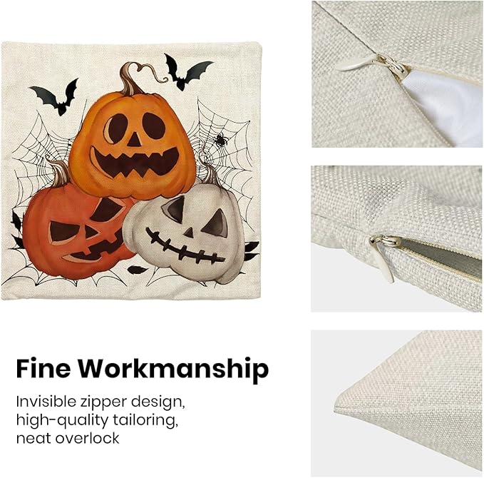 Halloween Pillow Covers 18x18 Set of 2 Black Spider Web Bat Orange Pumpkin Decorative Throw Pillow Covers Outdoor Decor Autumn Halloween Pillowcase Farmhouse Linen Cushion Case for Sofa Couch