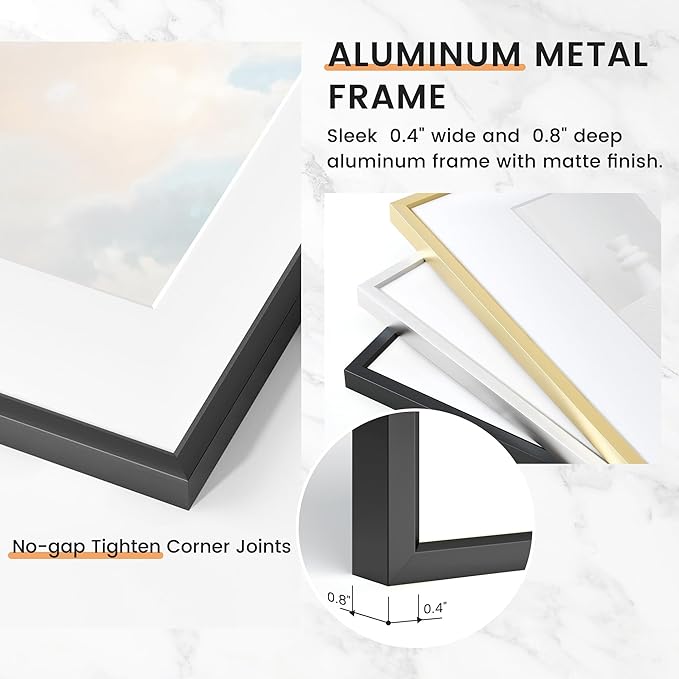 20x20 inch Metal Picture Frame - Thin Aluminum Square Photo Frames with 16x16 Removable Mat - High Definition Plexiglass - Vertical and Horizontal Display - Wall Hook Hanging Hardware Included - Black, Set of 4