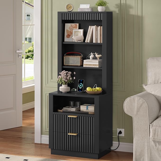 ADORNEVE Tall Fluted Nightstand Set of 2, Side Table with Drawers & Open Shelf, Mid Century Modern Night Stand with Metal Handle, Wooden Bedside End Table for Bedroom,Living Room,Black