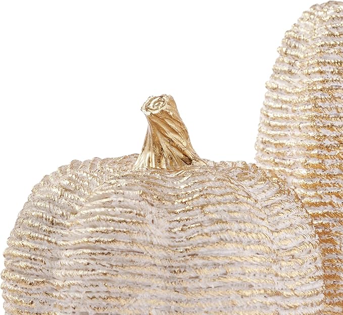 DN DECONATION Fall Pumpkin Decorations Table Centerpieces, 2Pcs White & Gold Artificial Pumpkins Figurines for Autumn Thanksgiving Harvest Indoor Home Decor (Resin with Rope-Wrapped Texture)