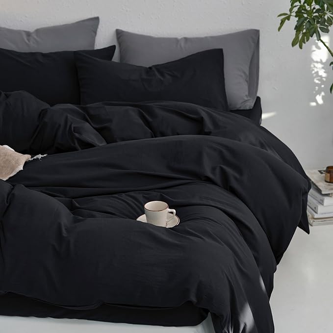 MooMee Queen Duvet Cover Set, 100% Washed Cotton Linen Like Twill Thick Sturdy Material Super Soft Breathable Durable Bedding for All Season, 3 Pieces (Black, Queen 90"x90")