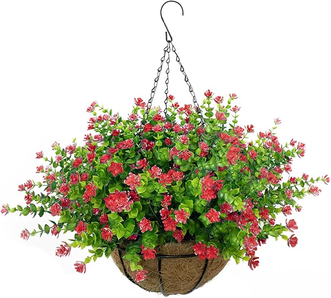 Artificial Hanging Flowers Basket, 12 UV-Resistant Bundles of Realistic Fake Flowers, Faux Plants for Outdoor Decor, Home, Garden, Porch, Patio, Spring & Summer Decorations, Red