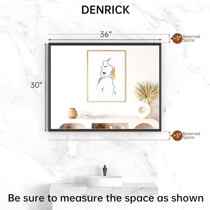 DENRICK 30X36 Inch Black Metal Framed Bathroom Mirror for Wall, Brushed Black Bathroom Vanity Mirrors, Anti-Rust, Tempered Glass, Hangs Horizontally or Vertically