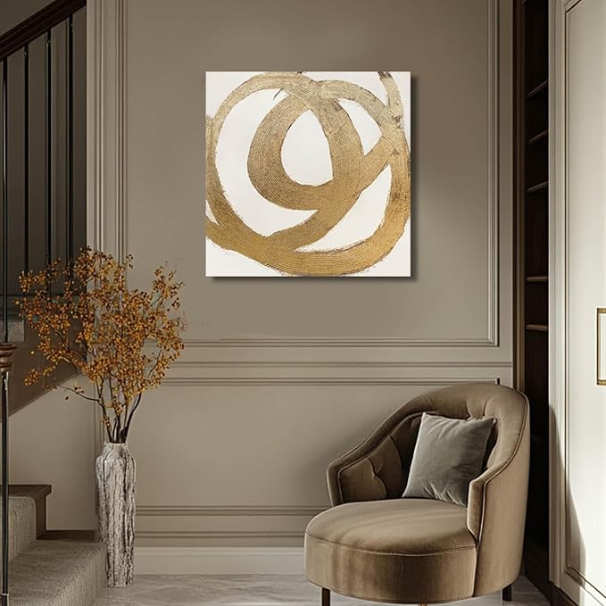 CHUDANHAO Contemporary Neutral Artwork Line Wall Hangings Decor Gold Wall Paintings 28"x28" Decoration for Bedroom Wall Office Decor