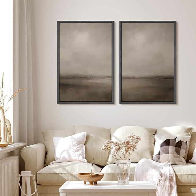 MUDECOR Framed Canvas Print Wall Art Abstract Brown and Taupe Modern Minimalist Misty Landscape Illustrations Modern Art Decorative Bohemian for Living Room, Bedroom, Office - 16"x24"x2 Black