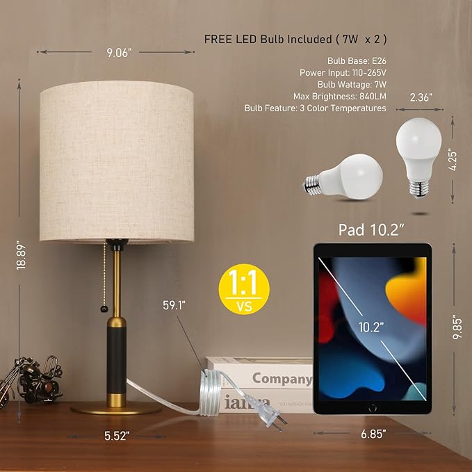 18.9" Set of 2 Small Vintage Table Lamp Bedside Lamps for Bedroom Nightstand Lamp for Living Room 3-Color Temperatures Pull Chain Wood Fabric for Home Office Dorm Decor (Light Brown+Brass)