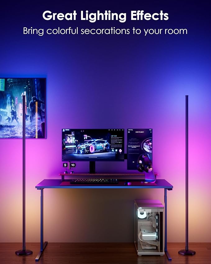 2PCS RGB+W Corner Floor Lamp, 65" Color Changing 24V LED Floor Lamp with Cool White Bluetooth APP Remote Control Music Sync Modern Stand Lamp 16 Million DIY Colors for Living Room Bedroom