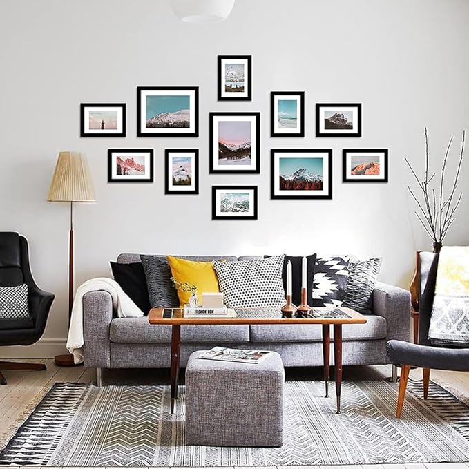 WOOD MEETS COLOR Wall Photo Frames, Including White Picture Mats and Installation Instruction, Set of 11 Collage Frames, 3-8x10 Inches, 8-5x7 Inches (Black)