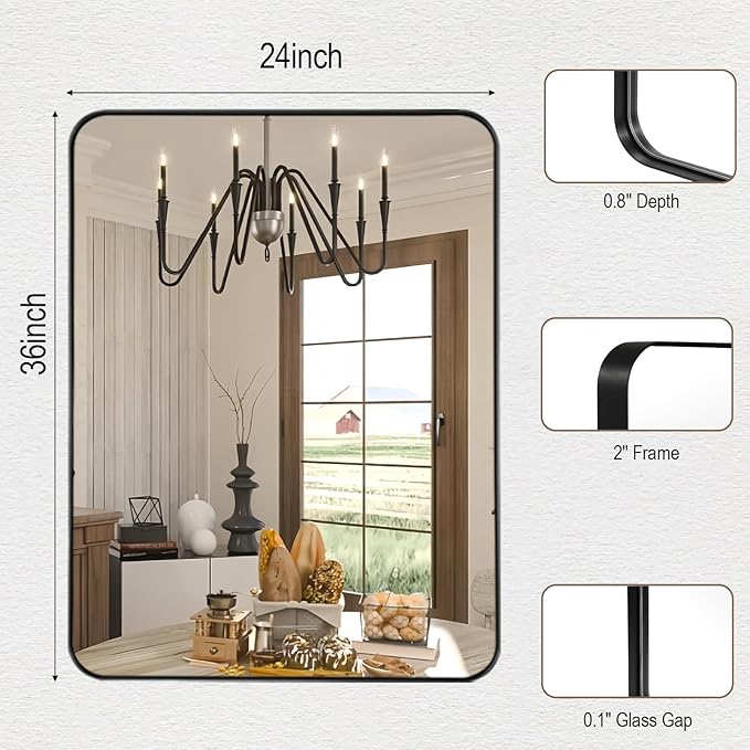 24x36 Inch Rectangle Bathroom Mirror, Brushed Black Vanity Mirrors for Wall, Metal Frame Wall Mirror, Mirror with Round Corner for Bedrooms, Entryways, Living Rooms, Horizontal/Vertical