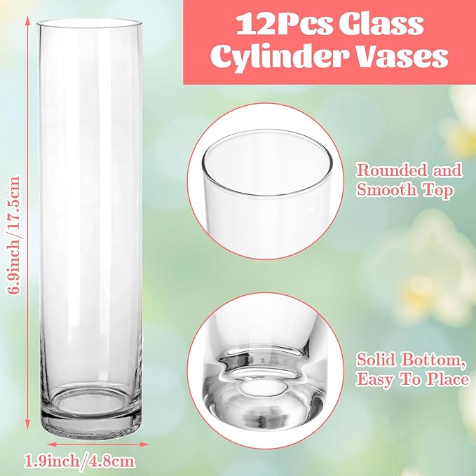 JMIATRY Glass Cylinder Bud Vases Set of 12, Clear Cylinder Vases for Centerpieces Diameter 2 Inch, Height 8 Inch Tall Glass Flower Bud Vase in Bulk for Home Party Decoration