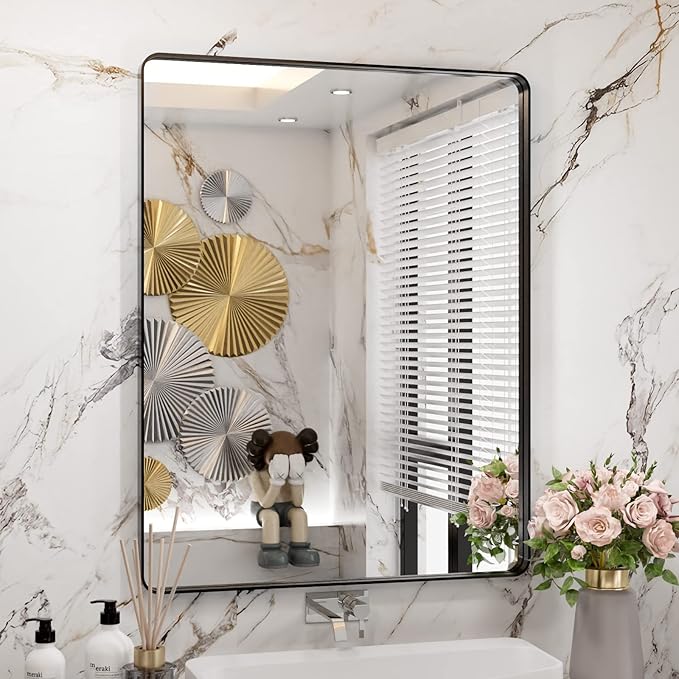 WEER Black Bathroom Mirror for Wall 28X36 Inch, Rectangular Black Metal Framed Vanity Mirror, Farmhouse Bathroom Mirror with Tempered Glass, Rounded Corner, Anti-Rust (Horizontal/Vertical)