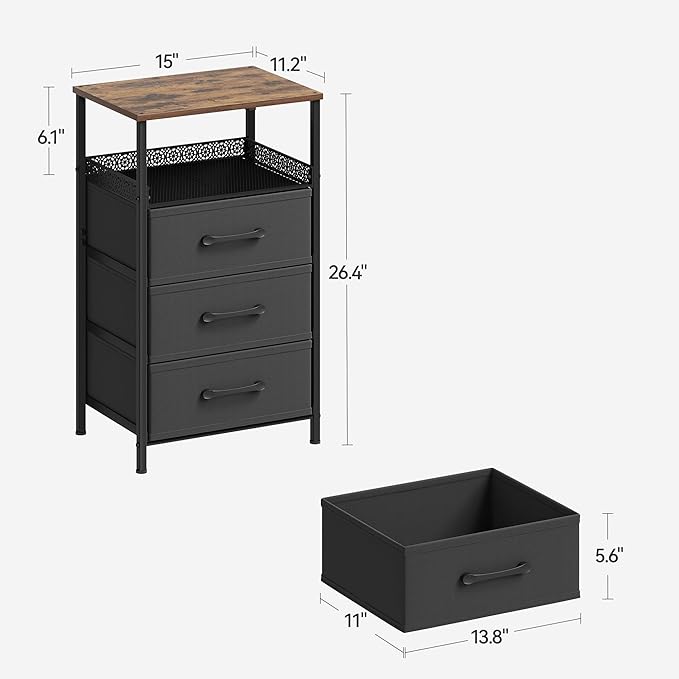 Night Stand Set of 2, Nightstands with 3 Fabric Drawers, Side Table with Open Storage Shelf, Security Metal Mesh, Bedside Tables for Bedroom, Living Room, Small Spaces, Rustic Brown
