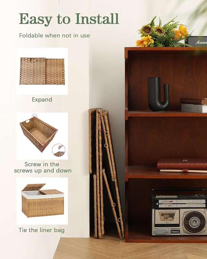 Storage Basket with Lid Woven Wicker Baskets with 2 Separate Lid, 9.2 Gallon (35 L) Wicker Storage Bins with Handles, Foldable and 2 Removable Liner Bags for Bedroom, Laundry Room Natural