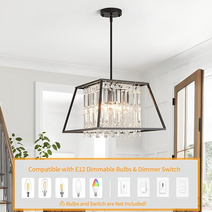 Crystal Chandeleir, Black 4 Lighting Dining Room Chandelier Light Fixture, Modern FarmhouseSquare Metal Pendant Light for Kitchen Island, Entryway,E12 Bulb,15.75"