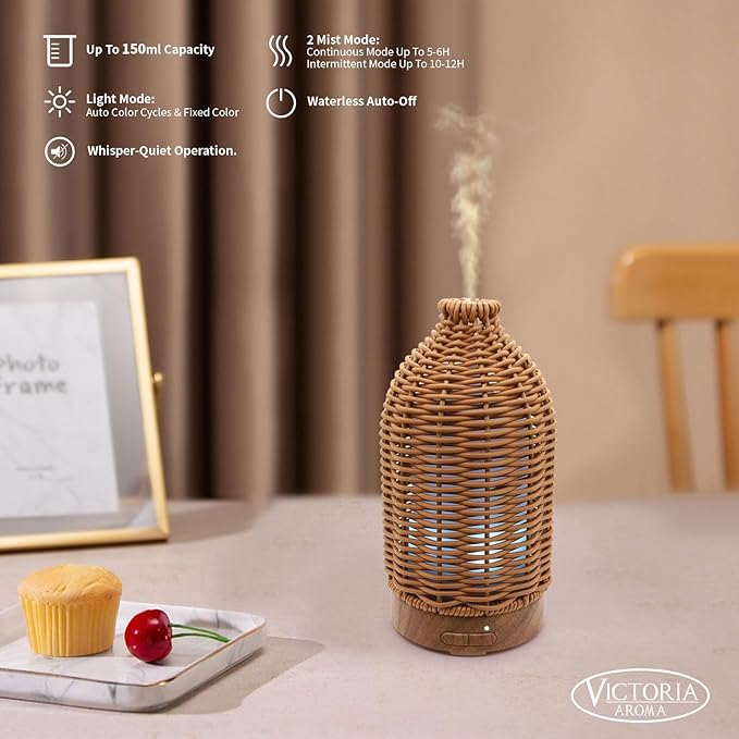Essential Oil Diffuser - Multifunction Aromatherapy Diffuser 7 LED Color Changing Light 100ML Rattan Diffuser Easy to Clean Suitable for Home,Office (Tan)