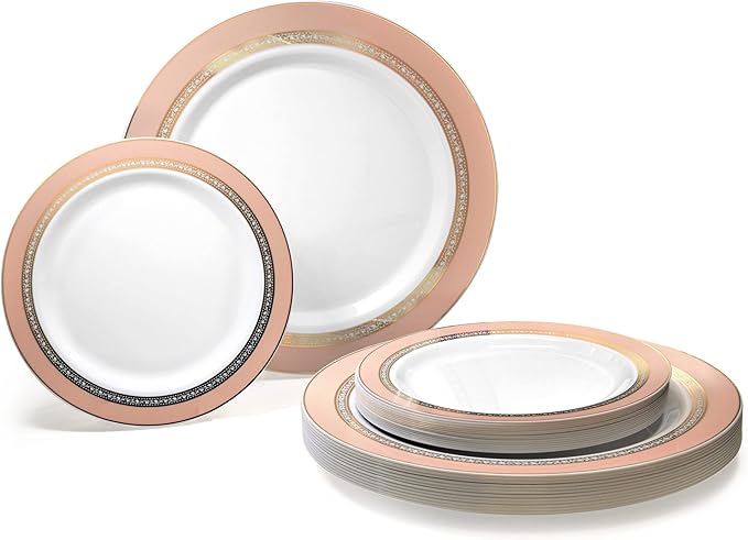 " OCCASIONS " 240 Plates Pack,(120 Guests) Heavyweight Premium Disposable Plastic Plates Set -120 x 10.5'' Dinner + 120 x 7.5'' Salad/Dessert (Ritz Blush and Gold)