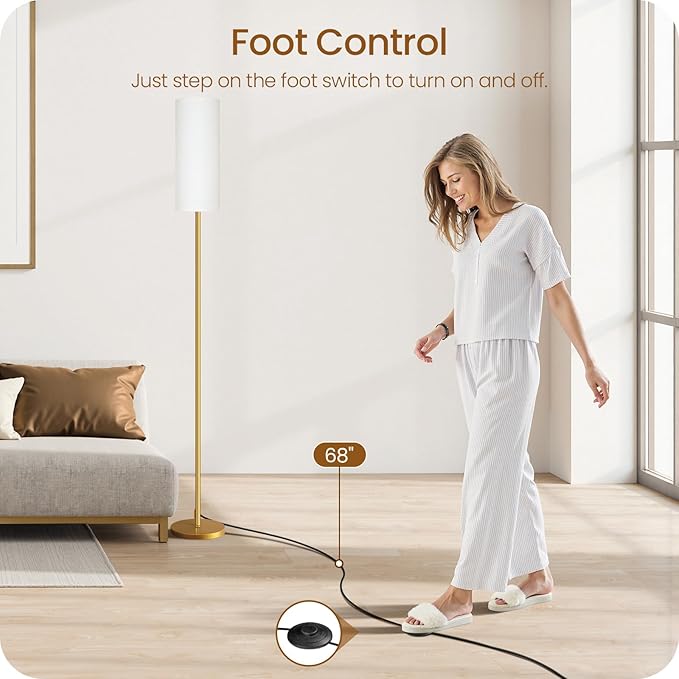 Dimmable Floor Lamp for Living Room with Remote and Foot Switch, Corner Floor Lamp, 66'' Standing Tall Lamp, 10W 900LM LED Bulb Included, 3000K-6500K, Linen Shade, Gold White, FCC Listed DCW06LD05W1