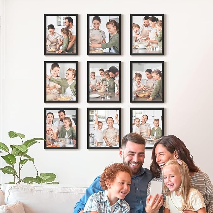Renditions Gallery Set of 9, 11X14 Custom Photo Prints with Real Wood Picture Frames. Create Personalized Photos with Peel & Stick Photo Frames. Black Frame