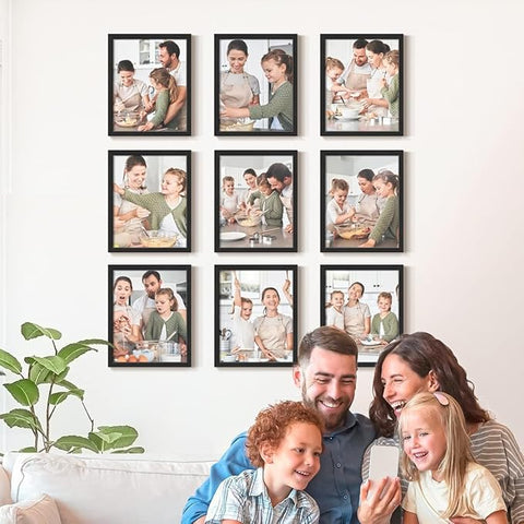 Renditions Gallery Set of 9, 11X14 Custom Photo Prints with Real Wood Picture Frames. Create Personalized Photos with Peel & Stick Photo Frames. Black Frame