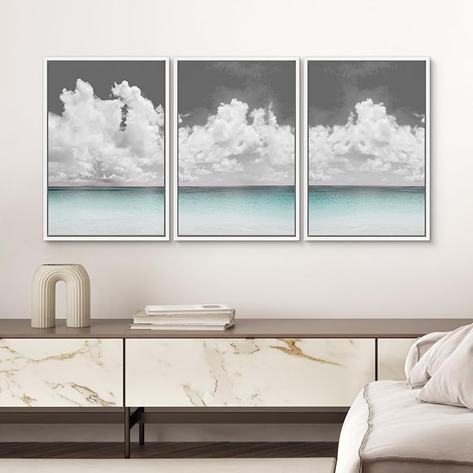 SIGNWIN 3 Piece Framed Canvas Wall Art Clouds Above The Blue Ocean Nature Wilderness Illustrations Abstract Traditional Relax/Calm Home Artwork Decoration for Living Room,Bedroom - 16"x24"x3 White