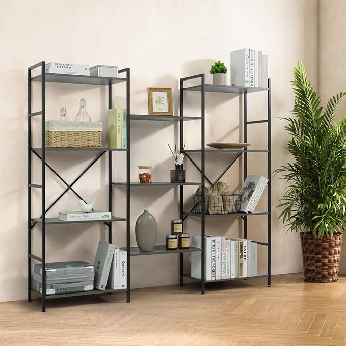 CAPHAUS Triple Column 4 Tier Bookshelf, Industrial Triple Bookcase with 11 Open Display Shelves, Adjustable Wide Shelf for Living Room, Bedroom, Home and Office, Dark Grey