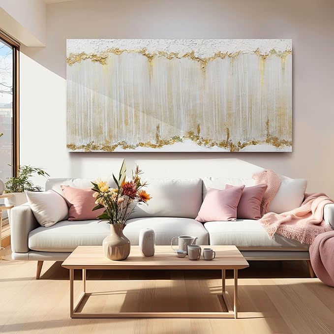 Home Decor White Abstract Wall Decor Large Framed Canvas Wall Art for Living Room Gold Painting White Wave Contemporary Art for Bedroom 29x58 Inch