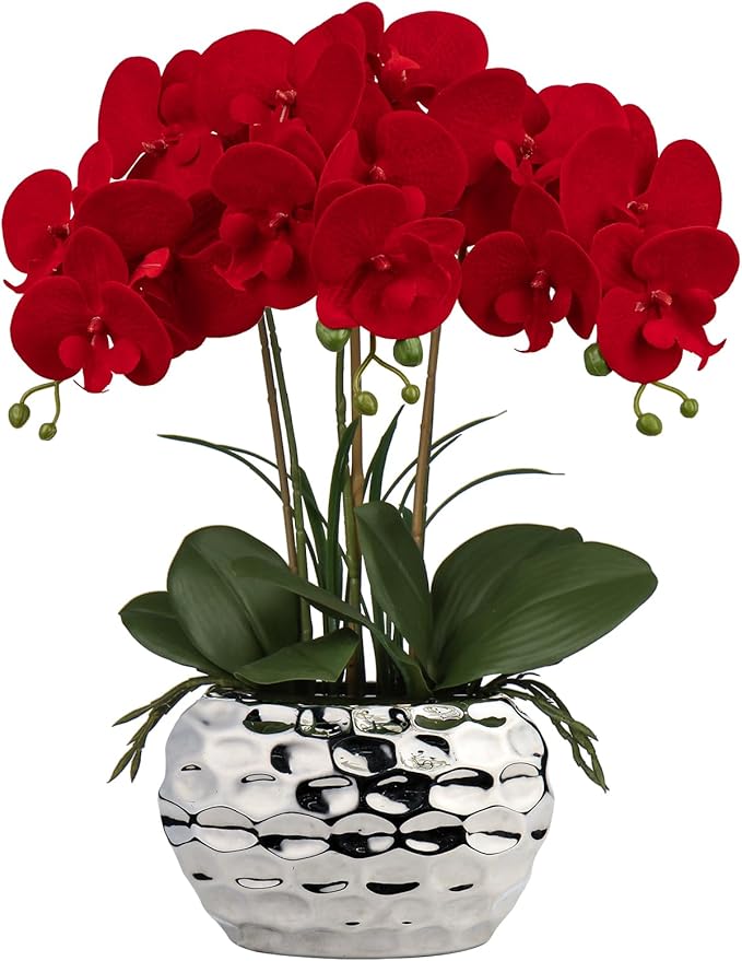 Briful Red Orchid Artificial Flowers 18" Large Silk Orchid with Silver Ceramic Pots Fake Orchid Arrangement for Home Office Bathroom Living Room Table Decoration
