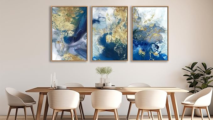 Large Abstract Framed Wall Art - Natural Float Framed Colorful Canvas Pictures Decor Blue Gold White Background Modern Artwork for Bedroom Living Room Kitchen Home Office Decoration 48" X 24" Set of 3