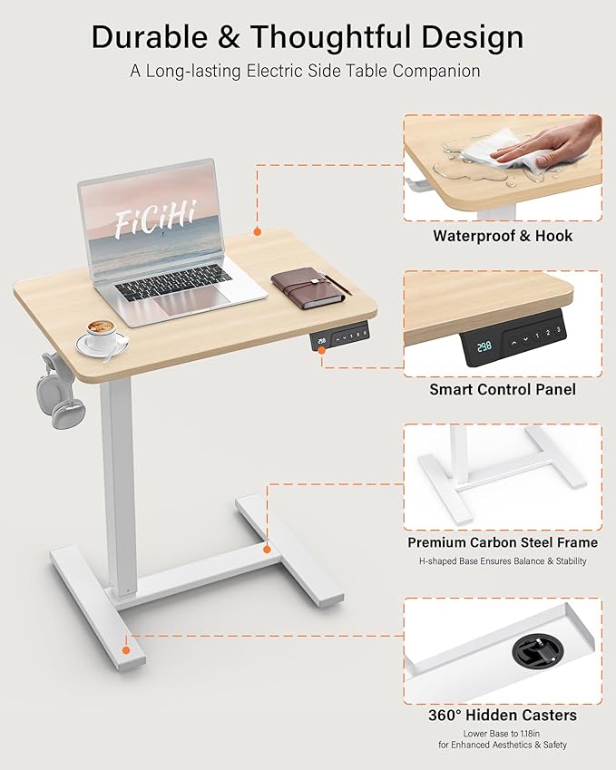 Mobile Standing Desk with Wheels - Electric Height Adjustable Small Movable Laptop Desk, Portable Rolling Computer Workstation Sit Stand Table for Home Office, Sofa & Bedside Use(23.6",Natural)