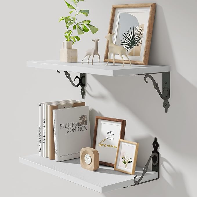 16 Inch Deep Floating Shelves for Wall, 8 Inch Deep Floating Shelf with Bracket, White Wall Shelves 16 Inches Long, Wide Display & Storage Shelves for Living Room, Bathroom, Bedroom, White, Set of 2