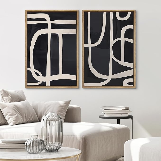 SIGNWIN Framed Canvas Print Wall Art Modern Graphic Black and White Curved Line Patterns Illustrations Modern Art Decorative Contemporary for Living Room, Bedroom, Office - 16"x24"x2 Natural