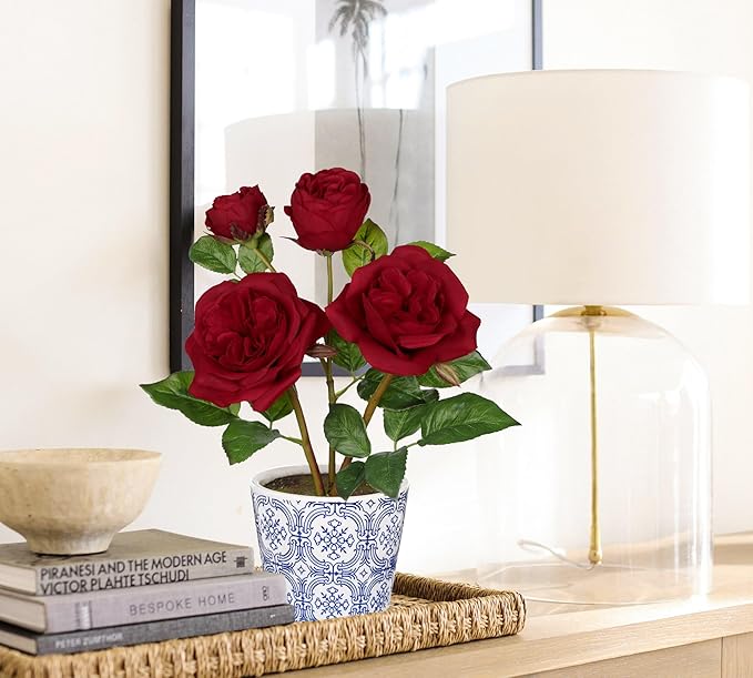 Hollyone Red Roses Artificial Flowers in Blue and White Porcelain Vase 13.4" Fake Roses Flower Arrangement Artificial Plants & Flowers Potted Plant Faux Silk Rose Flower with Ceramic Pot Home Decor