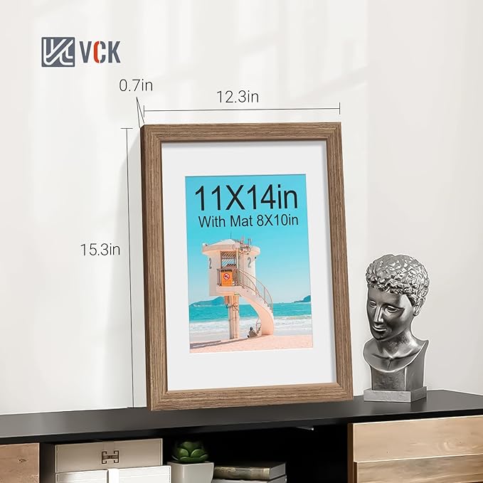 VCK 11x14 Picture Frame 5 Pack - Walnut, High-End Wood Poster Frames with Tempered Glass, Display 8x10 Photo with Mat or 11x14 without Mat, Art Gallery-Quality, Wall Hanging, Walnut