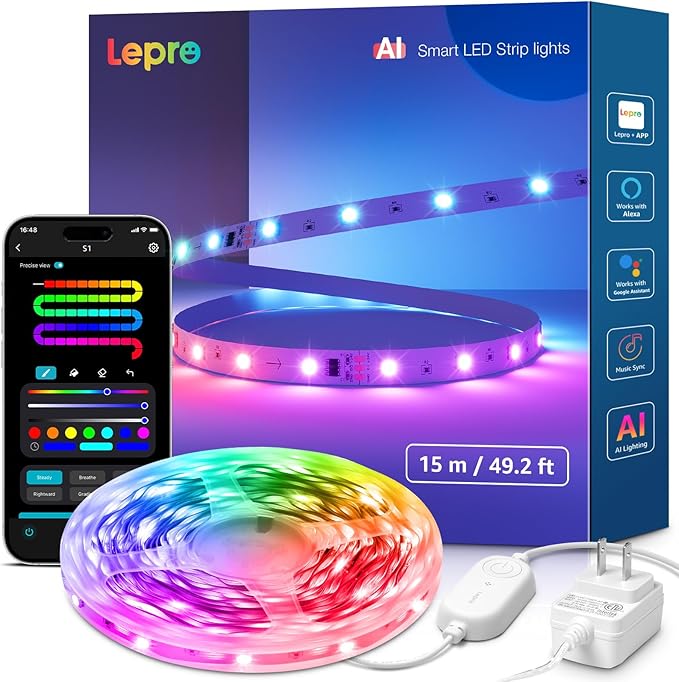 Lepro S1 AI LED Strip Lights for Bedroom - 50ft Smart RGB Light Strips with IC and Rainbow Chasing Effects, Color Segment DIY, AI Generated Lighting, No Remote, 2.4G Wi-Fi & Bluetooth