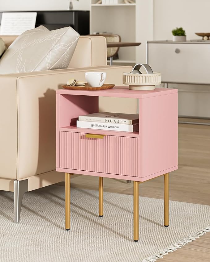 Nightstand,Morden Bedside Table with Gold Frame,Small White Night Stand,End Table,Bedside Furniture,Side Table with Drawer and Shelf for Bedroom,Living Room (1Drawer, Pink)
