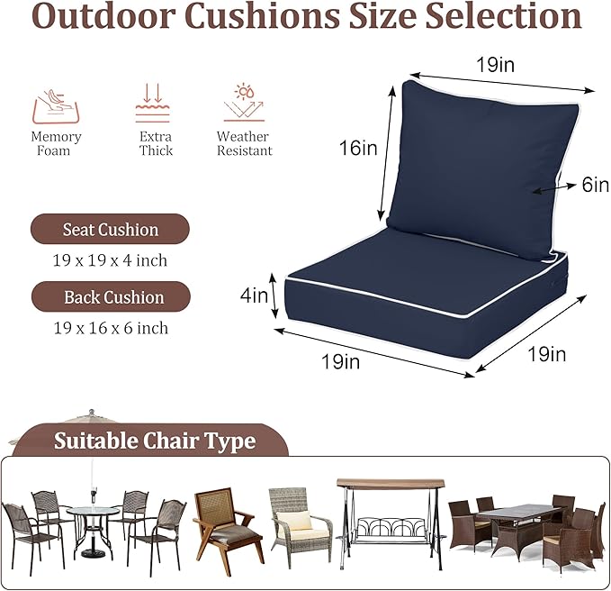 Waterproof Outdoor Chair Cushion Set of 2, 19x19x4 IN Deep Seat Patio Cushions with Fade Resistant Removable Cover,Outdoor Cushions for Patio Furniture with Ties&Handle for Chair Sofa Couch,Navy+Pipes