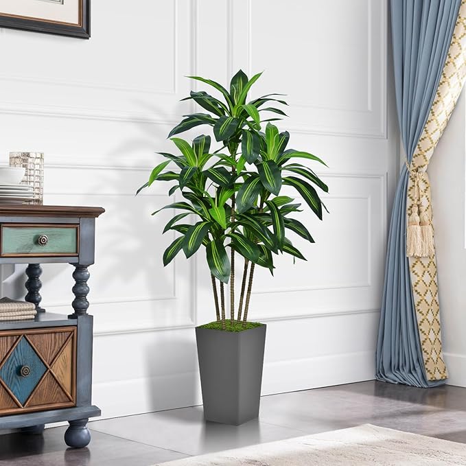 Artificial Dracaena Tree 5FT - Faux Tree with Gray Tall Planter - Fake Tropical Yucca Floor Plant in Pot - Artificial Silk Tree for Home Office Living Room Decor Indoor