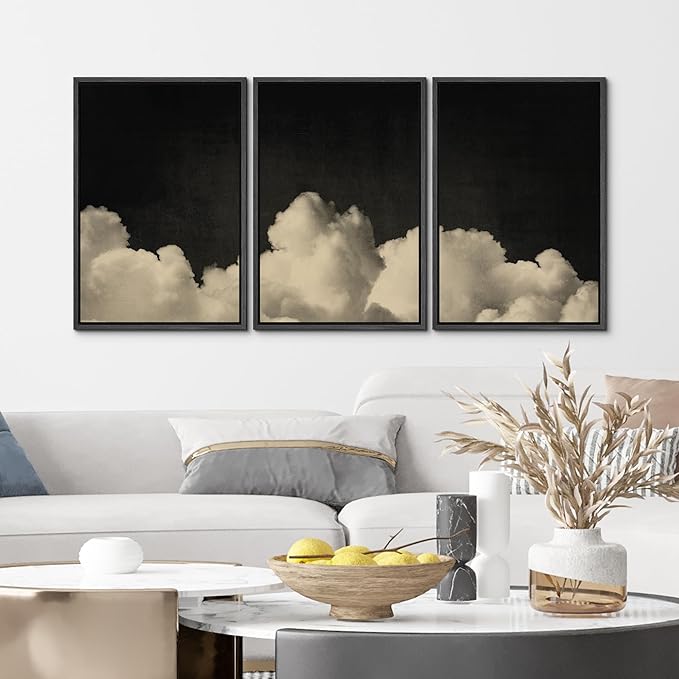 MUDECOR Framed Canvas Print Wall Art Dramatic Cloudscape Black and Beige Sky Illustrations Realism Decorative for Living Room, Bedroom, Office - 24"x36"x3 Black
