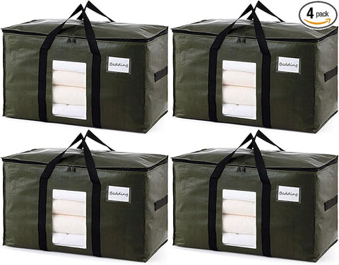 TAILI 4 Pack Green Extra Large Storage Bags, Heavy Duty Totes with Visible Window, Wrap Around Handles, Perfect for Moving
