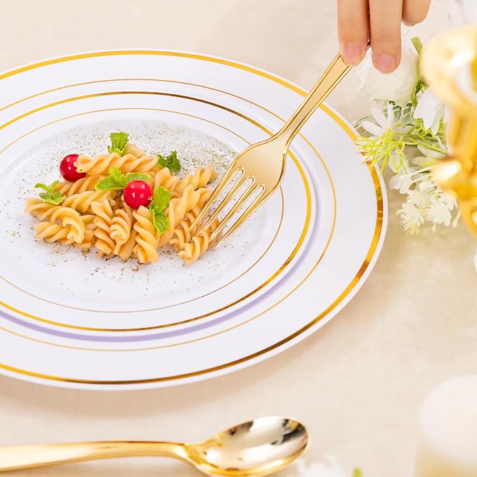 DaYammi 350PCS Gold Plastic Dinnerware Set for 50 Guests, Fancy Disposable Plates for Party, Include: 50 Dinner Plates, 50 Dessert Plates, 50 Pre Rolled Napkins with Gold Silverware, 50 Cups