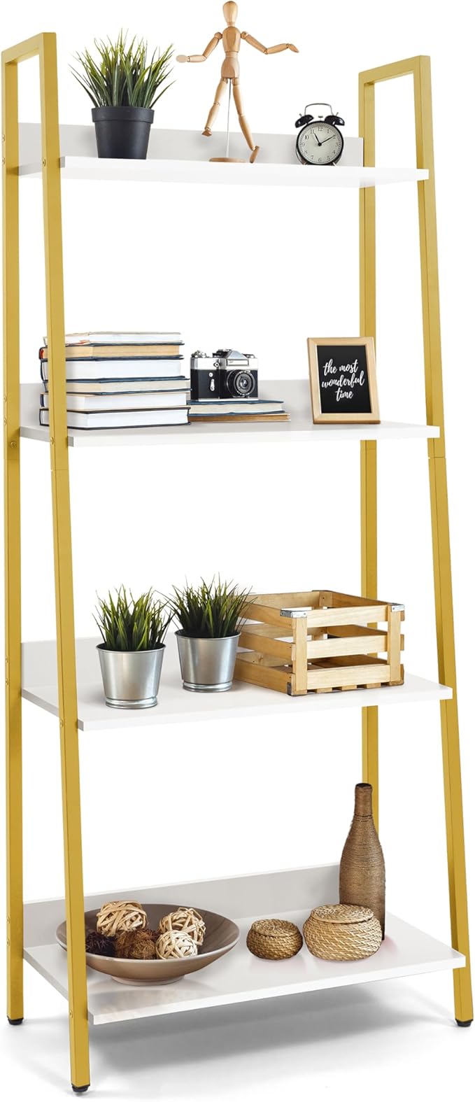 CAPHAUS 4 Tier Ladder Bookshelf, 24 Inch Width Free Standing Shelf, Bookcase Shelf Storage Rack Organizer, Industrial Book Shelves for Home Office, Living Room, Kitchen, White Shelves & Gold Frame