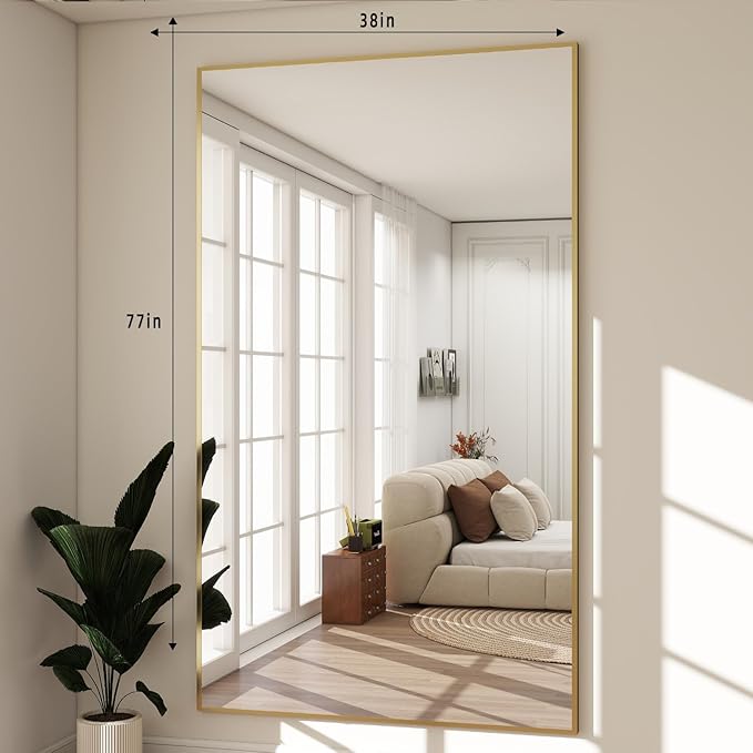 BEAUTYPEAK 77"x38" Rectangle Full Body Floor Mirrors, Full Length Mirror Hanging or Leaning, Aluminum Alloy Frame Wall Mirror for Bedroom, Dressing Room, Gold