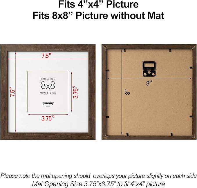 Yaetm Square 8x8 Picture Frame – Brown Walnut, Rustic Solid Wood Frame 8x8 with Tempered Real Glass, Display 4x4 Photo with Mat or 8 x 8 Art Print without Mat, Wall Mount (3 Pack, Walnut)